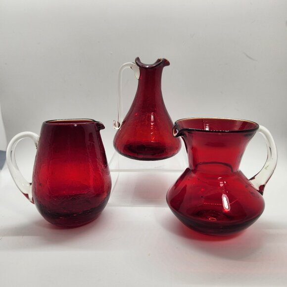 Pilgrim & Rainbow Glass Mini Pitcher Syrup Vase Set of 3 Ruby Red Crackle VTG - Picture 2 of 11